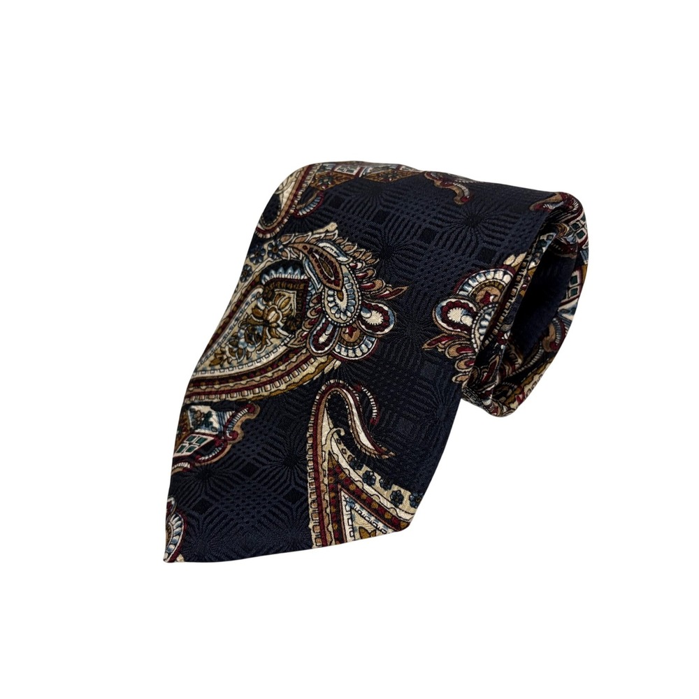 Izod Mens Silk Necktie Navy Blue Paisley Geometric Foulard Print Made in USA - Picture 2 of 9